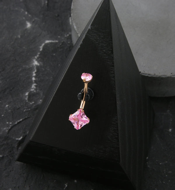 Rose Gold PVD Square Pink CZ Internally Threaded Titanium Belly Button Ring