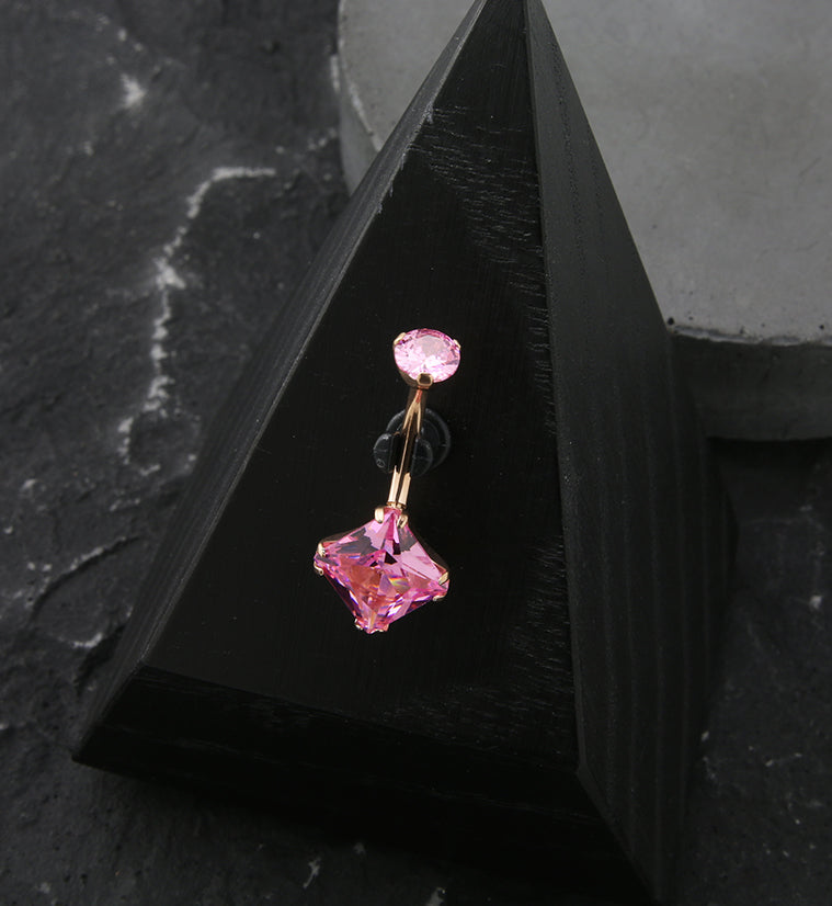 Rose Gold PVD Square Pink CZ Internally Threaded Titanium Belly Button Ring