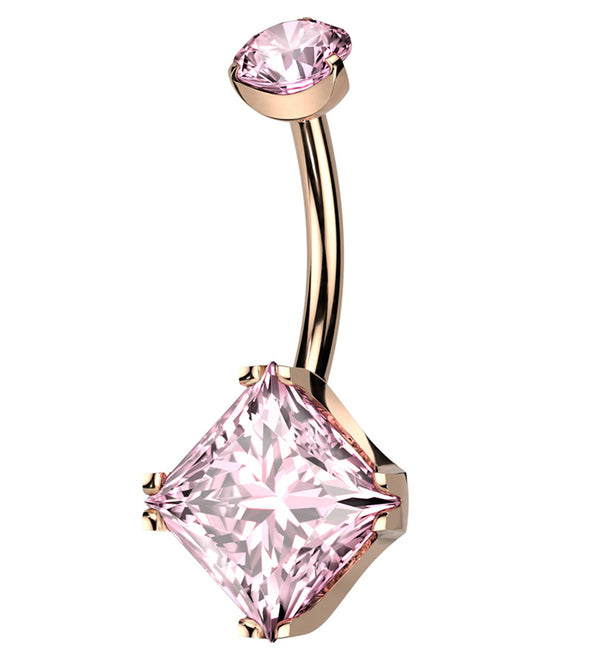 Rose Gold PVD Square Pink CZ Internally Threaded Titanium Belly Button Ring