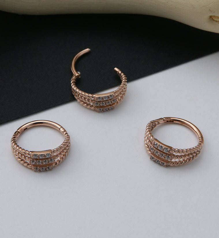 Rose Gold PVD Stacked Twine CZ Hinged Segment Ring