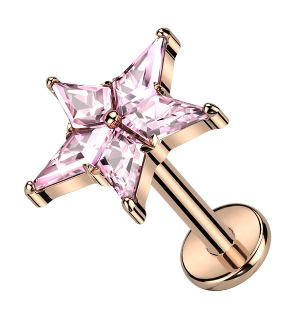 Rose Gold PVD Star Flower Pink CZ Titanium Internally Threaded Labret