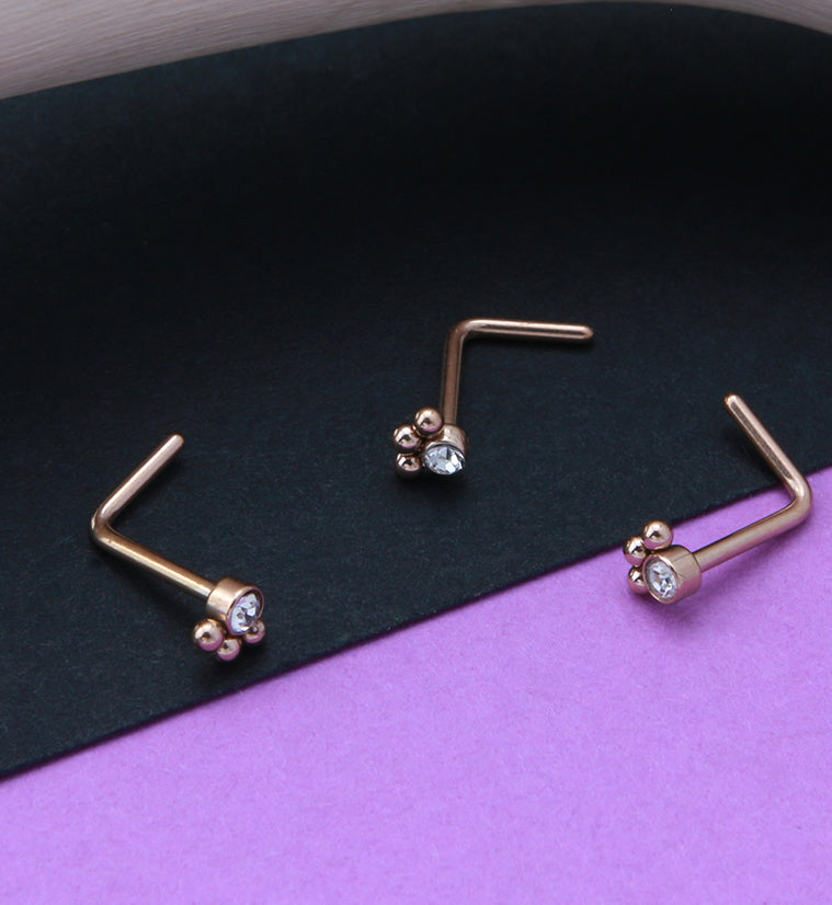 Rose Gold PVD Triple Beaded Clear CZ L Bend Nose Stud