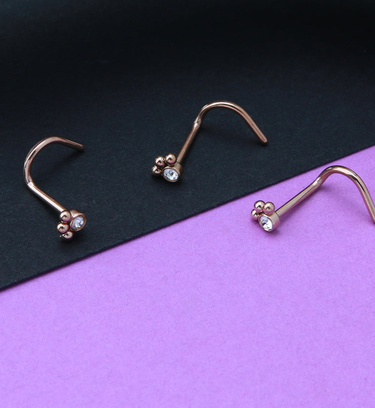 Rose Gold PVD Triple Beaded Clear CZ Nose Screw Ring