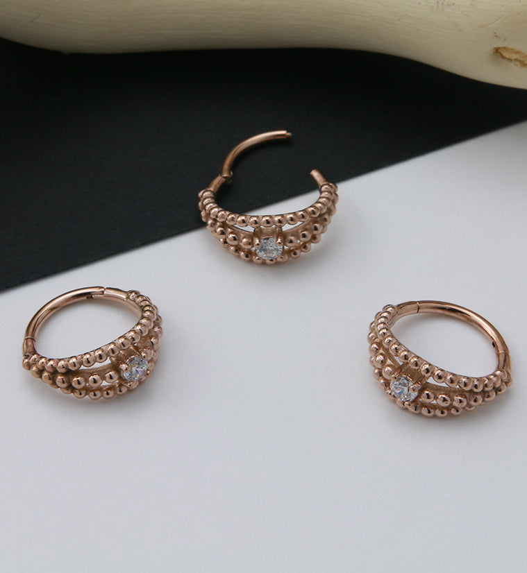 Rose Gold PVD Triple Stacked Bead CZ Hinged Segment Ring