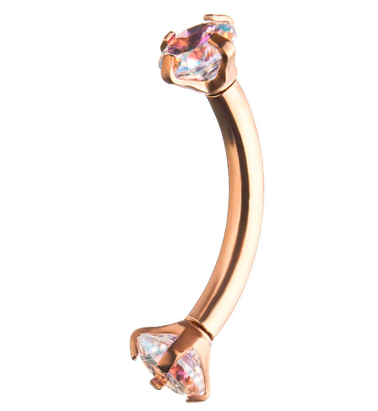 Rose Gold PVD Rainbow Aurora CZ Prong Set Stainless Steel Curved Barbell