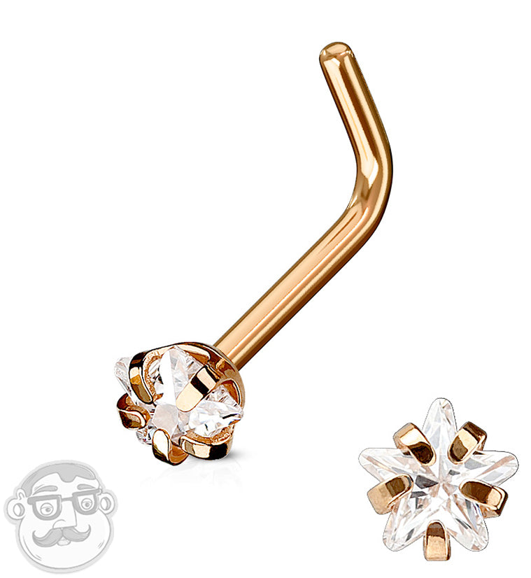 Rose Gold PVD Star CZ Prong L Shape Nose Ring