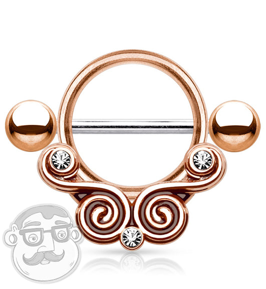 14G Rose Gold Brass Twirl Filigree Barbell Nipple Ring Shield