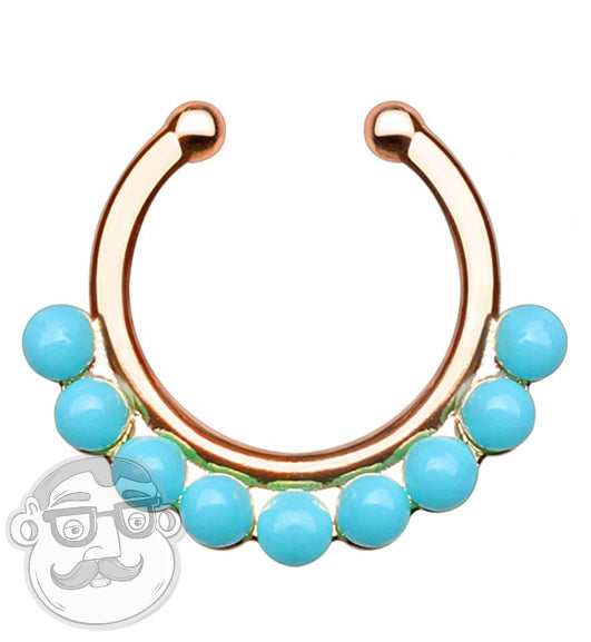 Turquoise Beaded Rim Rose Gold Fake Septum Clicker Ring