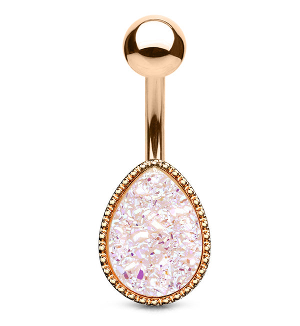 Rose Gold PVD Teardrop White Druzy Shield Belly Button Ring