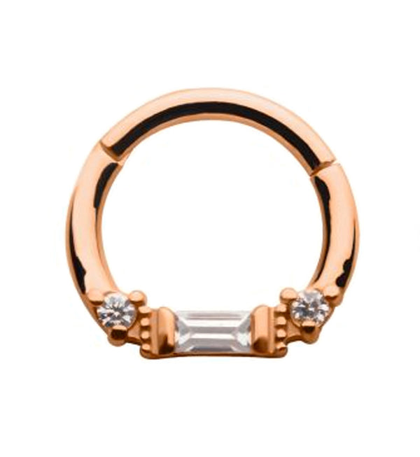 Rose Gold PVD Round & Baguette CZ Beaded Hinged Segment Ring