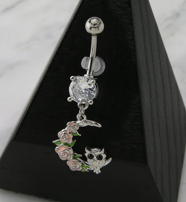 Rose Half Moon with Owl Dangle Belly Button Ring
