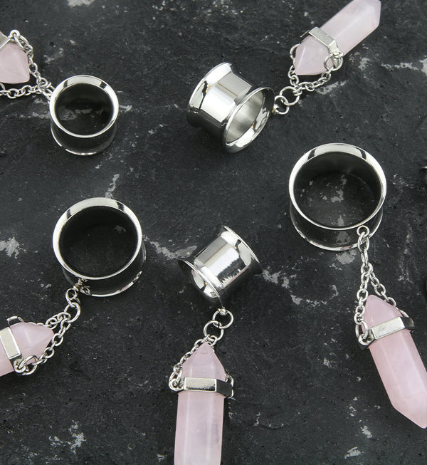 Rose Quartz Crystal Dangle Stainless Steel Tunnel Plugs