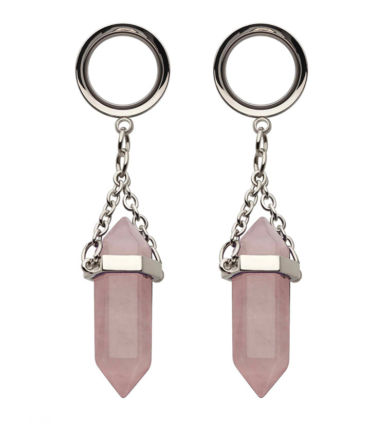 Rose Quartz Crystal Dangle Stainless Steel Tunnel Plugs