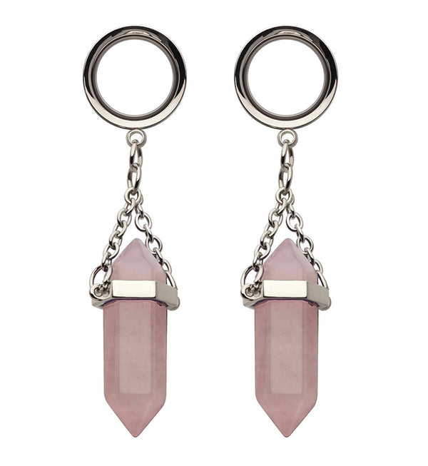 Rose Quartz Crystal Dangle Stainless Steel Tunnel Plugs