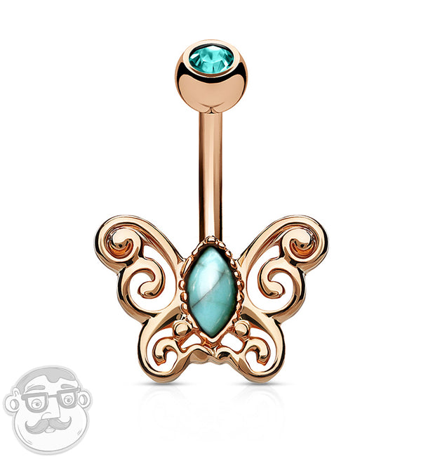 Rose Gold Ornamental Butterfly with Turquoise Inlay Belly Button Ring