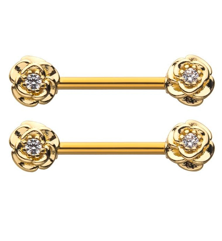 14G Gold PVD Double Rose Bud Nipple Ring Barbell