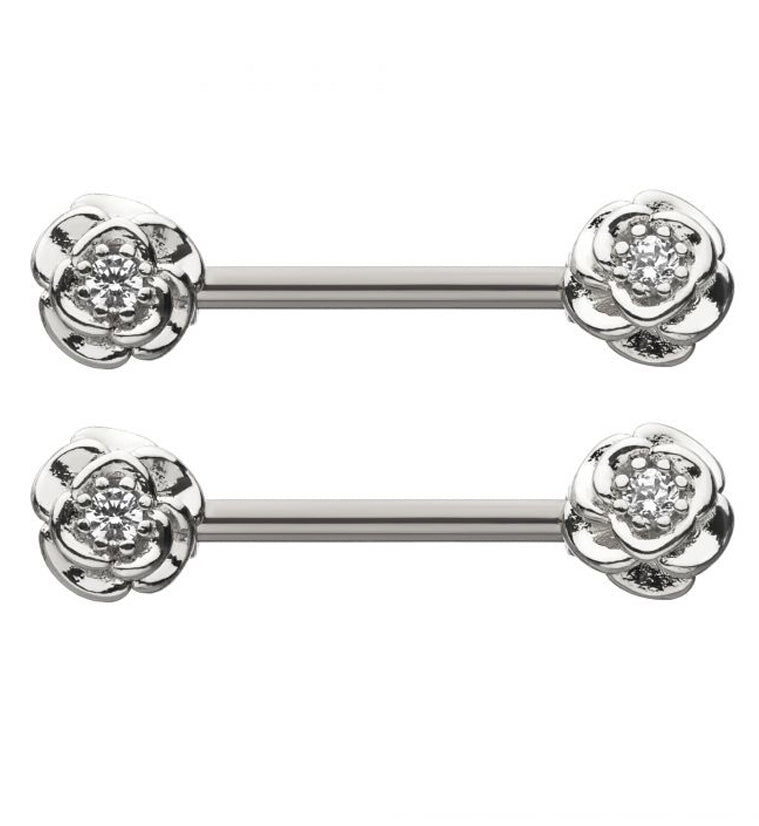 14G Double Rose Bud Nipple Ring Barbell