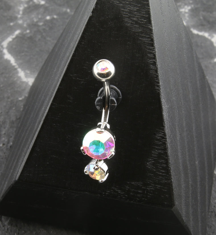 Round Rainbow Aurora CZ Dangle Stainless Steel Belly Button Ring