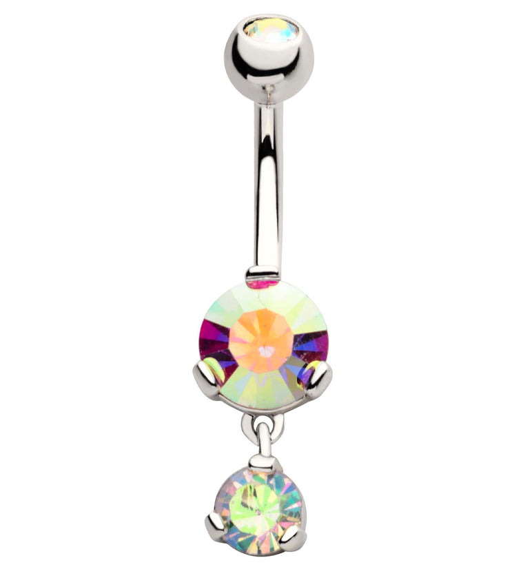 Round Rainbow Aurora CZ Dangle Stainless Steel Belly Button Ring