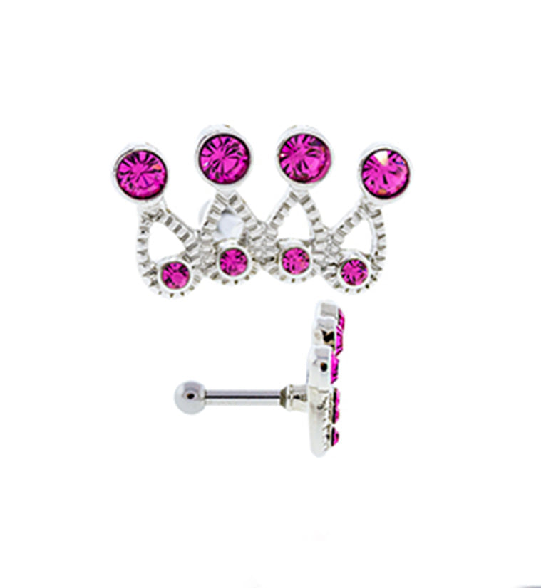 16G Pink CZ Royal Crown Tragus / Cartilage Barbell