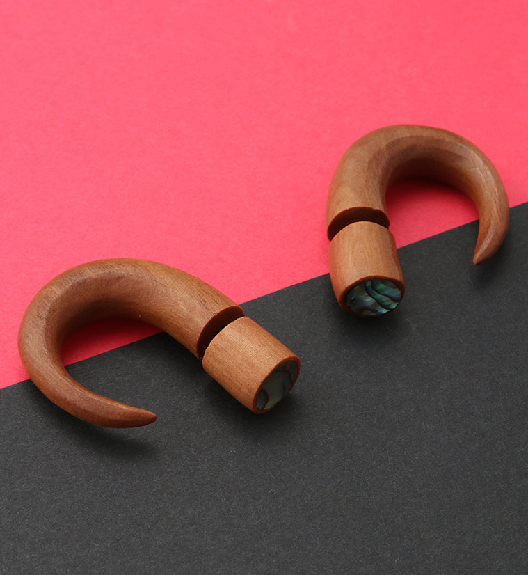 Saba Wood Fake Gauge Abalone Inlay Circular Tapers Tribal Earrings