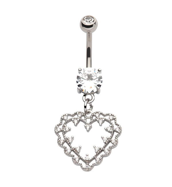 Scallop Heart Clear CZ Stainless Steel Belly Button Ring