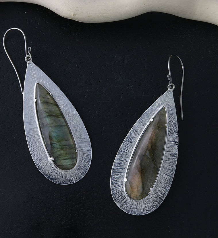 Score Labradorite Stone White Brass Hangers / Earrings