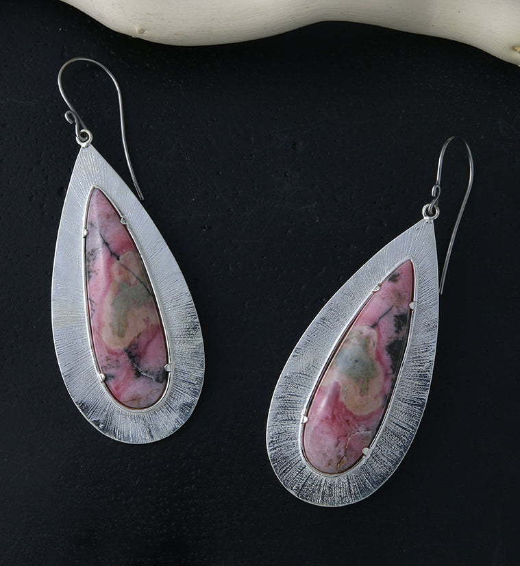 Score Rhodonite Stone White Brass Hangers / Earrings