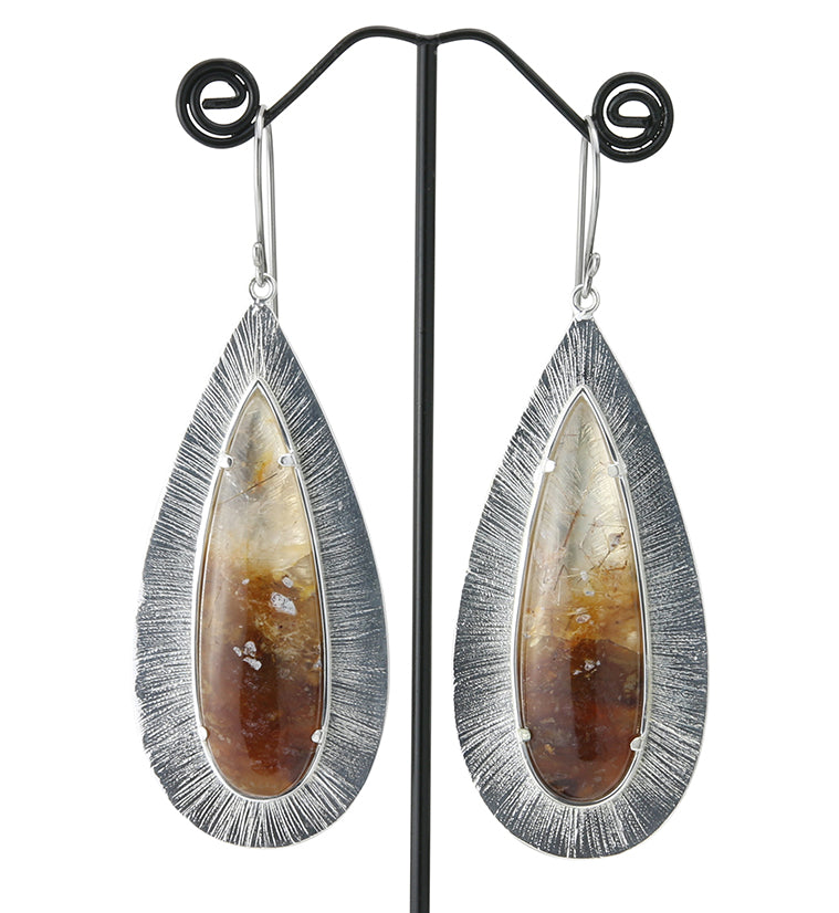 Score Rutilated Quartz Stone White Brass Hangers / Earrings