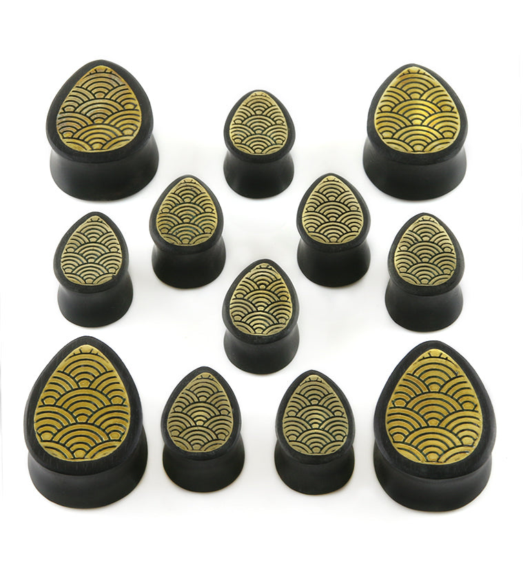 Areng Wooden Teardrop Plugs with Seigaiha Brass Inlay