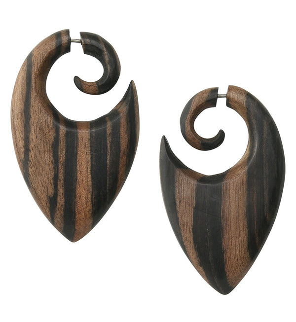 Shield Areng Wood Fake Gauge Spiral Earrings