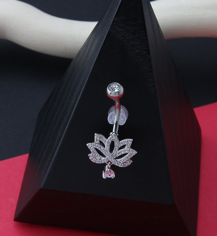 Shimmering Lotus Flower Dangle CZ Belly Ring