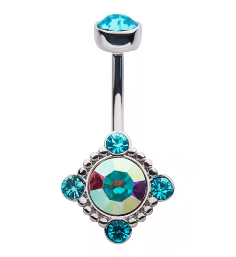 Rainbow Aurora and Aqua CZ Noble Belly Button Ring
