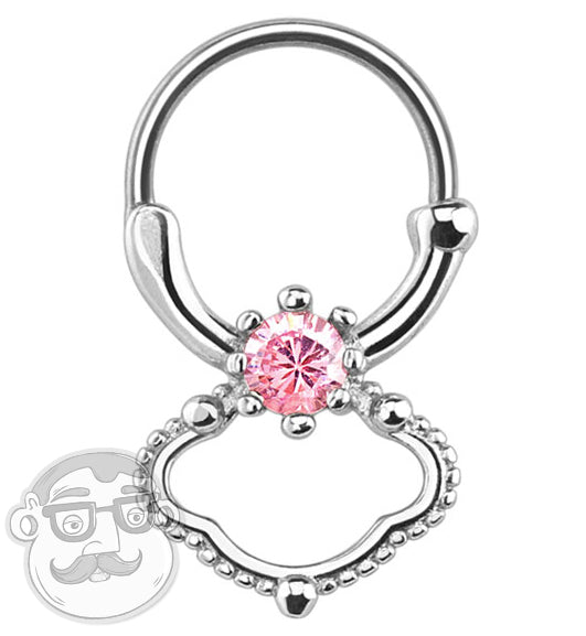 16G Stainless Steel Septum Clicker Hanger With Pink CZ Diamond