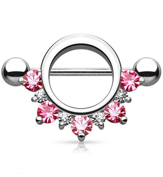 14G Circular Pink CZ Rim Barbell Nipple Ring Shield