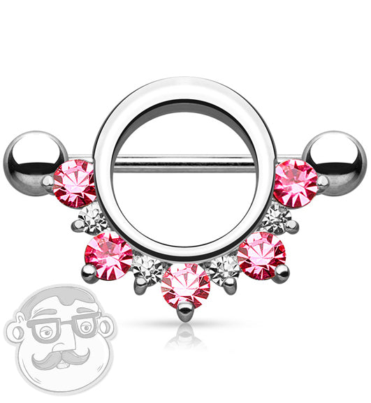 14G Circular Pink CZ Rim Barbell Nipple Ring Shield