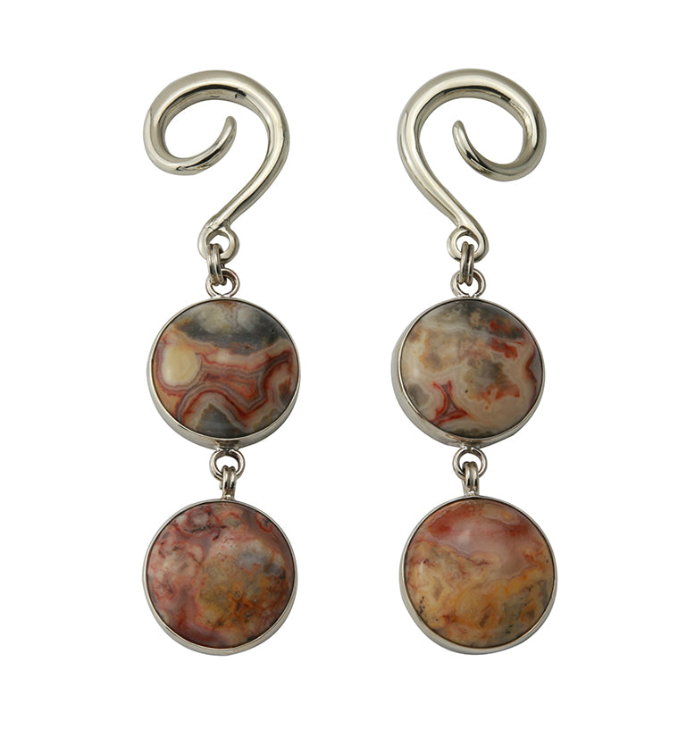 Double Crazy Lace Agate Stone Hanging Silver Brass Ear Weights
