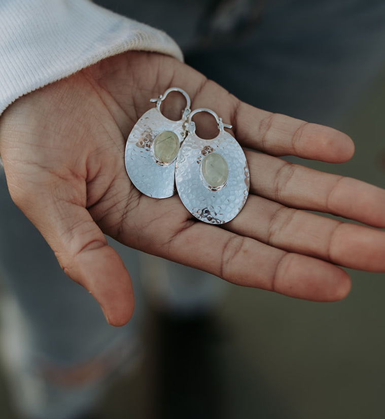Oviform Hammered Silver Prehnite Stone Hangers - Earrings