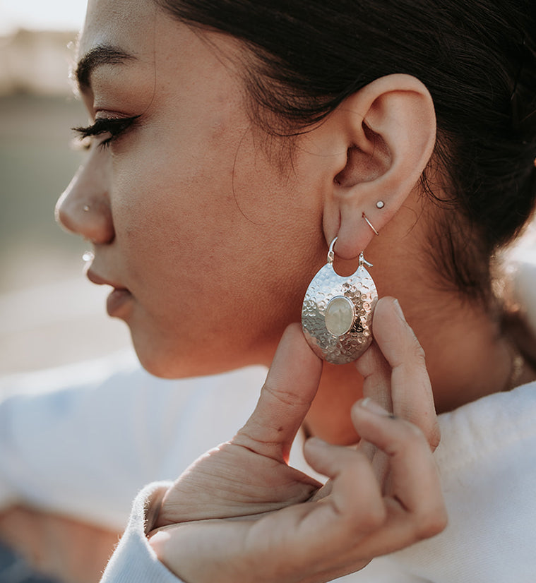Oviform Hammered Silver Prehnite Stone Hangers - Earrings