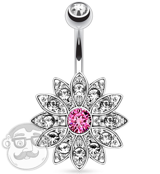 14G Flower with Pink CZ Gem Belly Button Ring