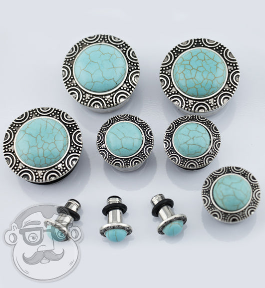 Silver Frame Turquoise Stone Dome Steel Plugs