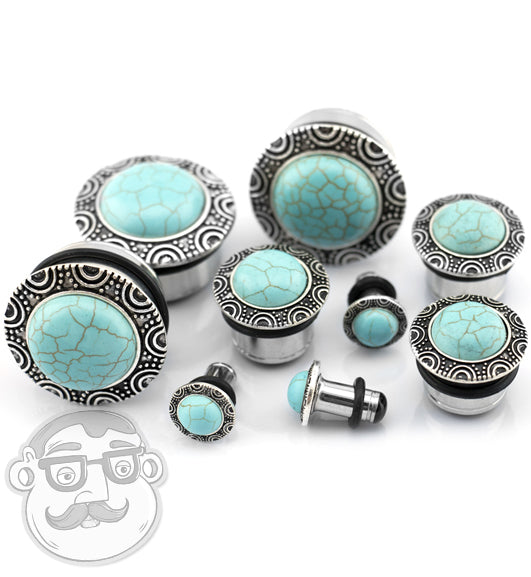 Silver Frame Turquoise Stone Dome Steel Plugs