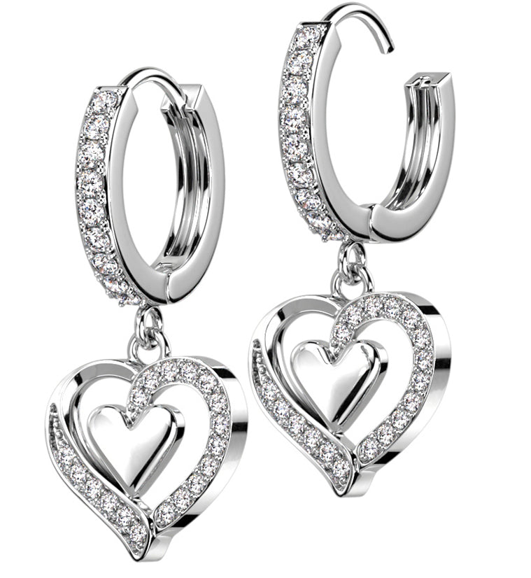 Double Heart CZ Stainless Steel Hoop Earrings