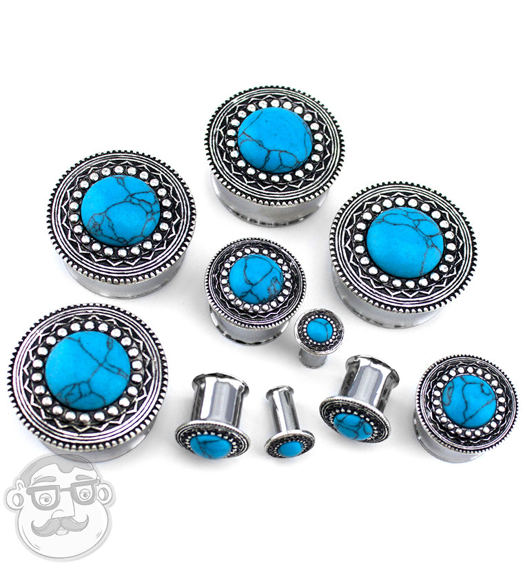 Lakota Shield With Turquoise Inlay Stainless Steel Plugs
