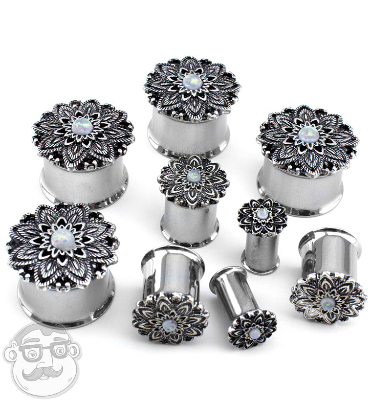 Silver Mandala Flower With Opalite Inlay Steel Plugs