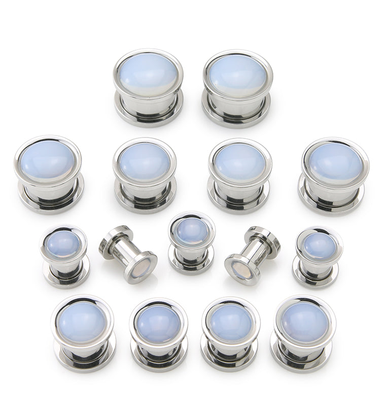 White Opalite Stainless Steel Screw Back Tunnel Plugs