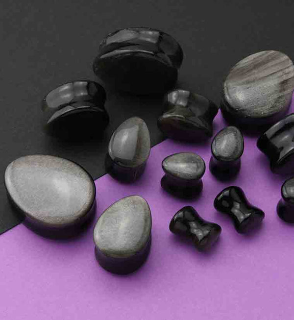 Silver Obsidian Teardrop Stone Plugs