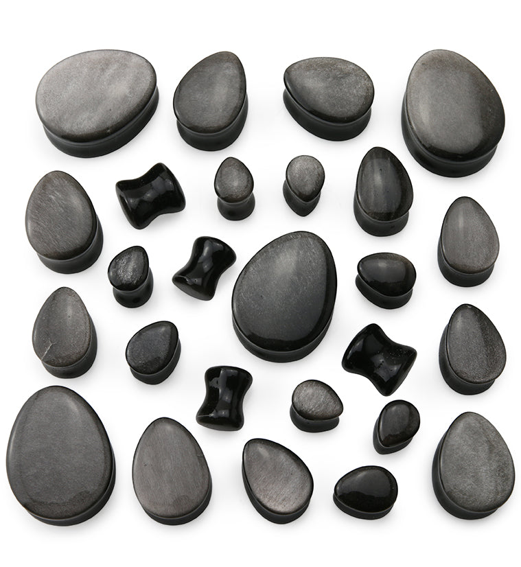 Silver Obsidian Teardrop Stone Plugs