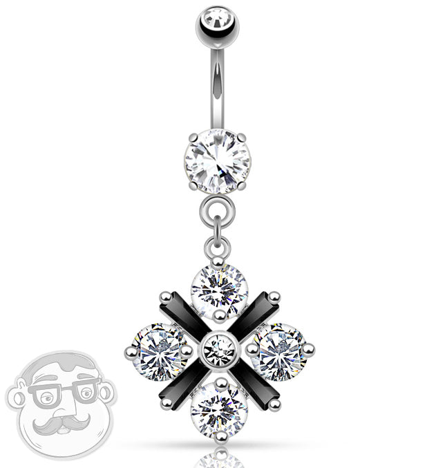 Silver Petal CZ Flower Dangle Belly Button Navel Ring