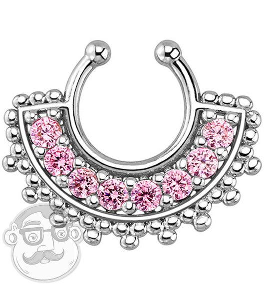Large Stainless Steel Pink Gem Tribal Fan Fake Septum Ring Hanger